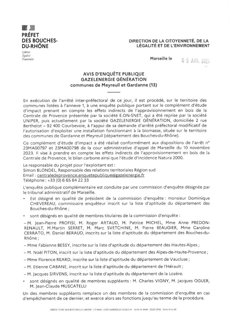 Avis denquête publique GAZELENERGIE GENERATION communes de Meyreuil et Gardanne (13)